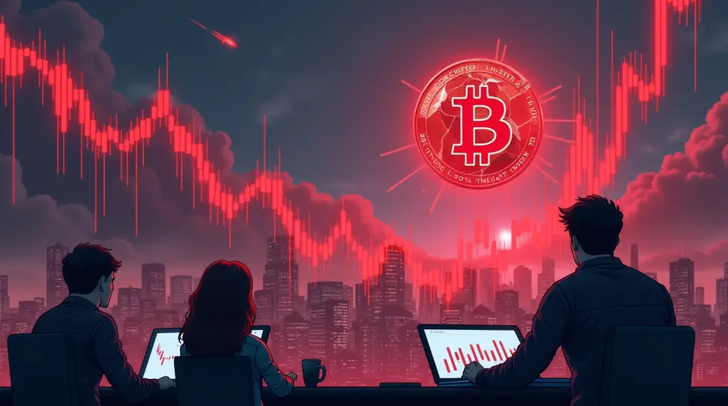 Futuristic illustration of the Crypto Market Crash February 2025, showing a dramatic decline in Bitcoin and other cryptocurrencies with red candlestick charts falling like meteors, concerned investors, and a cracked Bitcoin coin glowing red in a cyberpunk-style financial district.