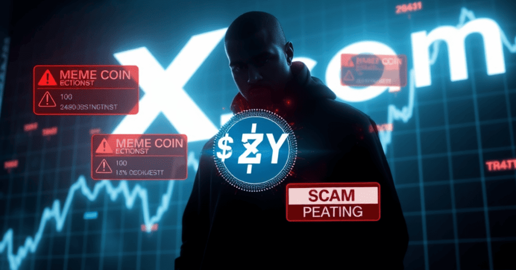 Kanye West with X.com logo in the background, surrounded by crypto warnings and $YZY meme coin speculation